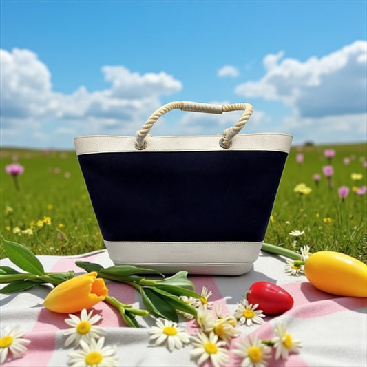 Burberry Navy Canvas & Leather Trim Tote Bag