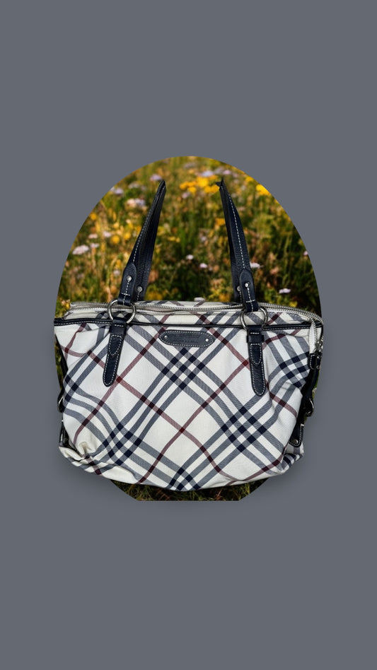 Burberry Blue Label Check Canvas Tote Bag – White/Navy/Red
