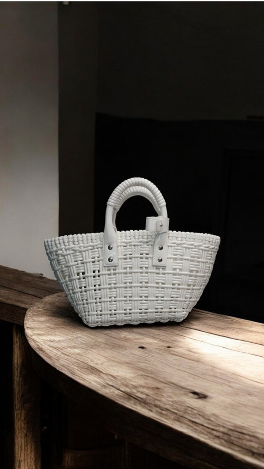 Balenciaga Bistro XS Basket Tote Bag in White Faux Leather