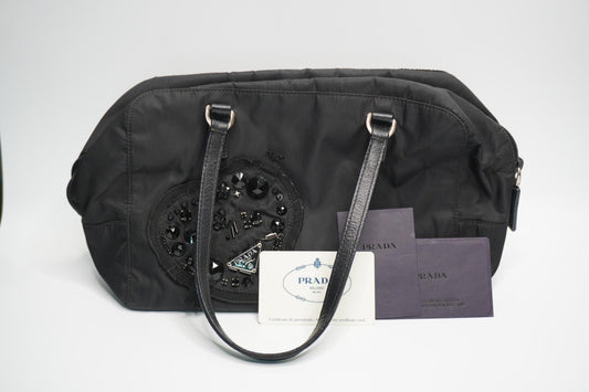 Prada Tessuto Nylon Satchel Bag with Jeweled Logo Patch