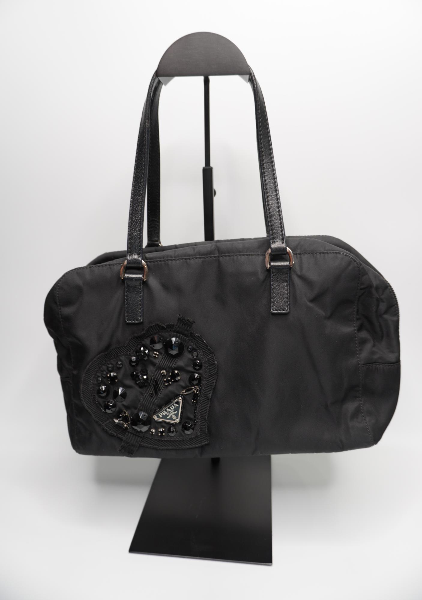Prada Tessuto Nylon Satchel Bag with Jeweled Logo Patch