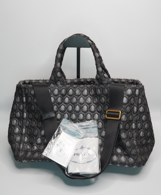 Prada Black Canapa Honeycomb Canvas Tote Bag