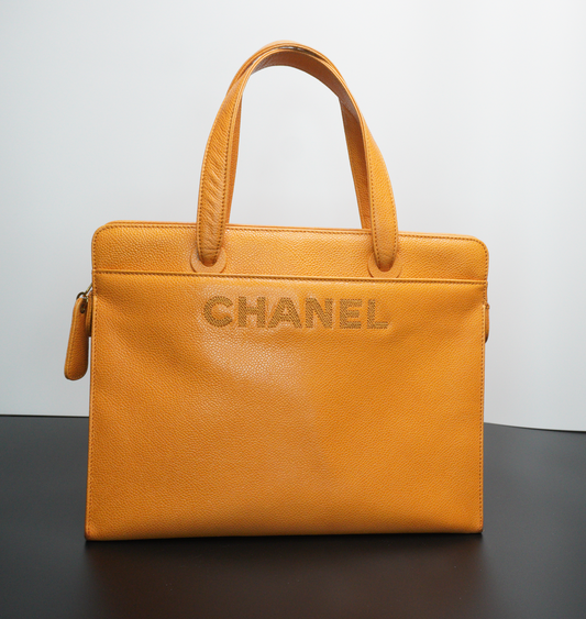 Chanel Orange Caviar CC Stitch Zip Tote Bag