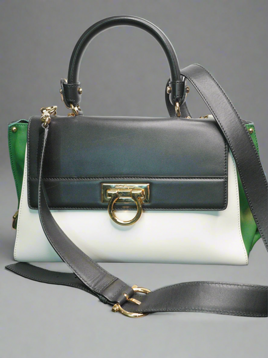 Salvatore Ferragamo Sofia Small Satchel – Black/White/Green