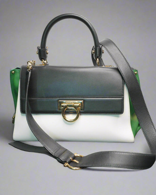 Salvatore Ferragamo Sofia Small Satchel – Black/White/Green