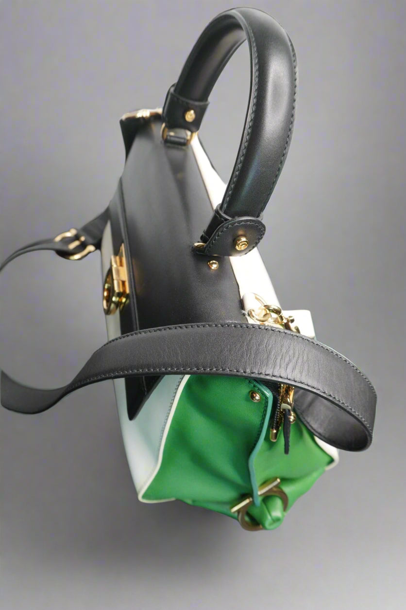 Salvatore Ferragamo Sofia Small Satchel – Black/White/Green