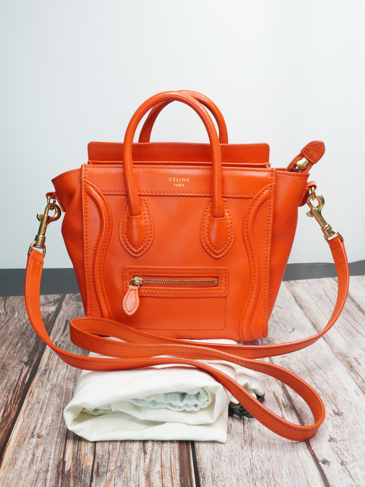Céline Nano Luggage Tote in Orange Calfskin Leather