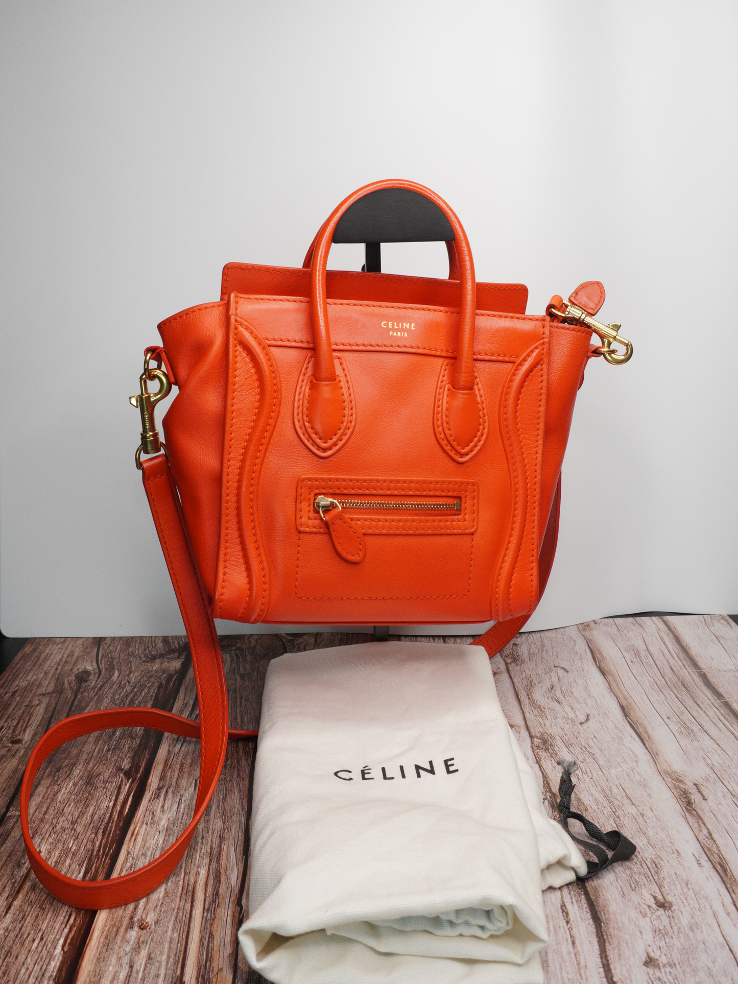 Céline Nano Luggage Tote in Orange Calfskin Leather
