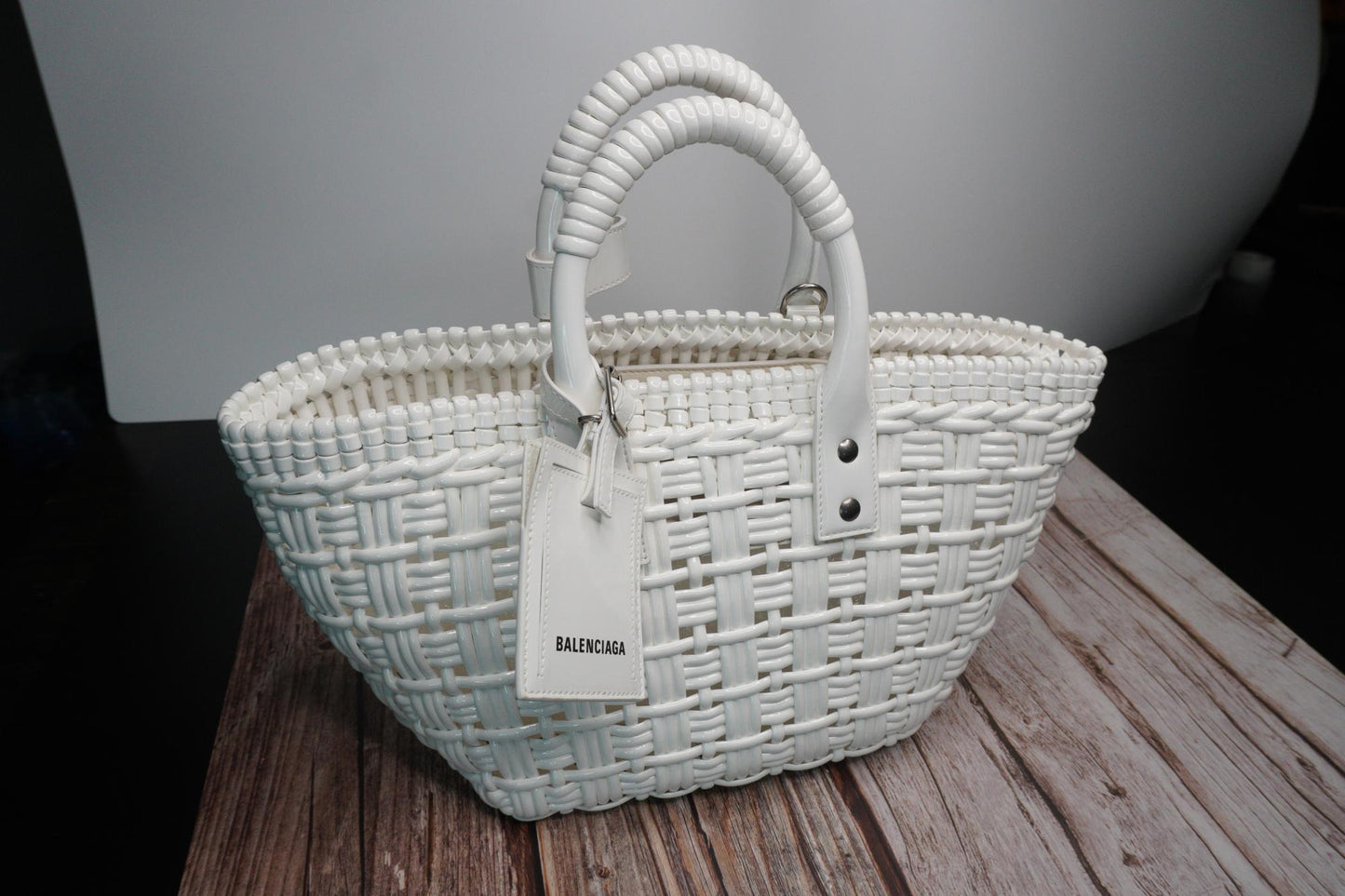 Balenciaga Bistro XS Basket Tote Bag in White Faux Leather