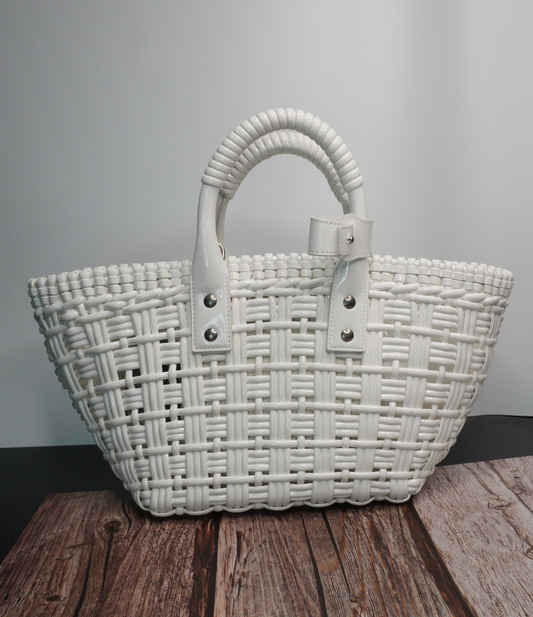 Balenciaga Bistro XS Basket Tote Bag in White Faux Leather