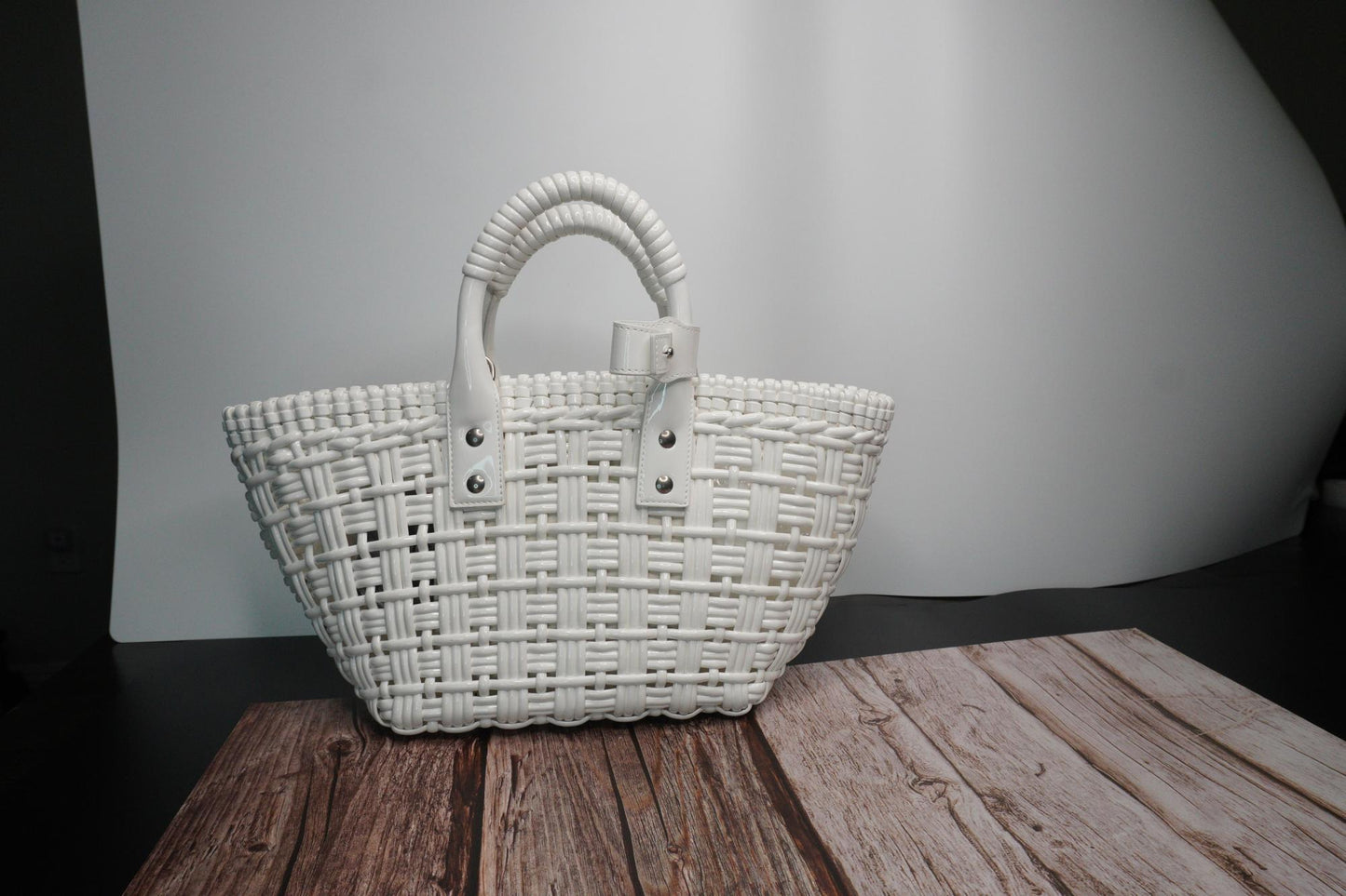 Balenciaga Bistro XS Basket Tote Bag in White Faux Leather