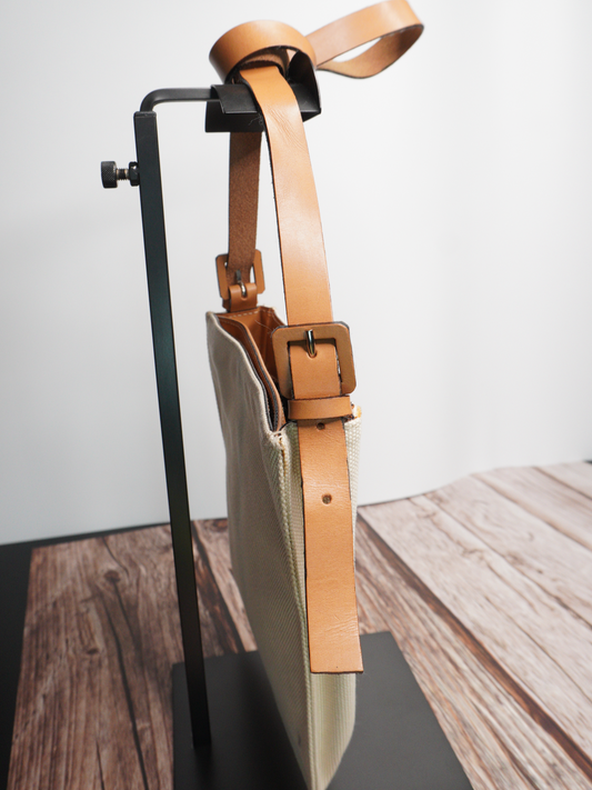 Fendi Beige Canvas Croissant Shoulder Bag with Brown Leather Straps