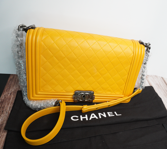 Chanel Boy Bag Yellow Lambskin with Silver Hardware