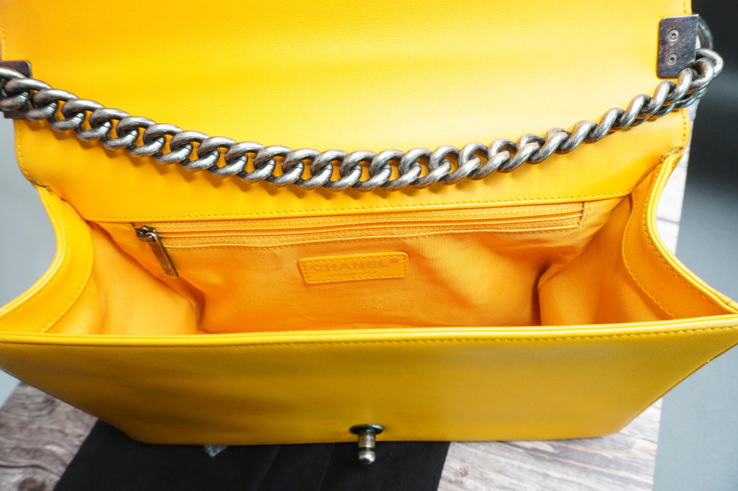 Chanel Boy Bag Yellow Lambskin with Silver Hardware