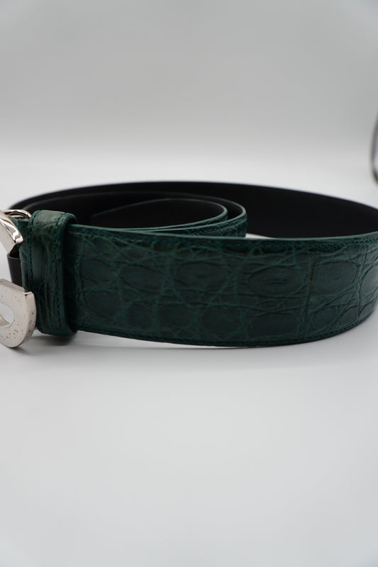 Dolce & Gabbana Green Crocodile-Embossed Leather Belt with DG Buckle