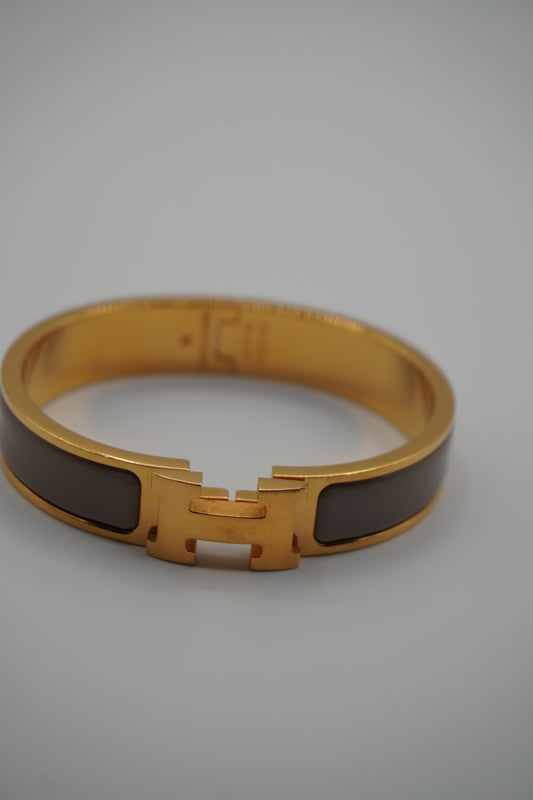 Hermès Clic H Bracelet in Gold & Taupe Enamel