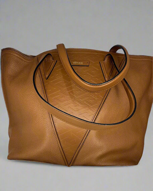 Versace Greca-Embossed Leather Tote Bag – Brown