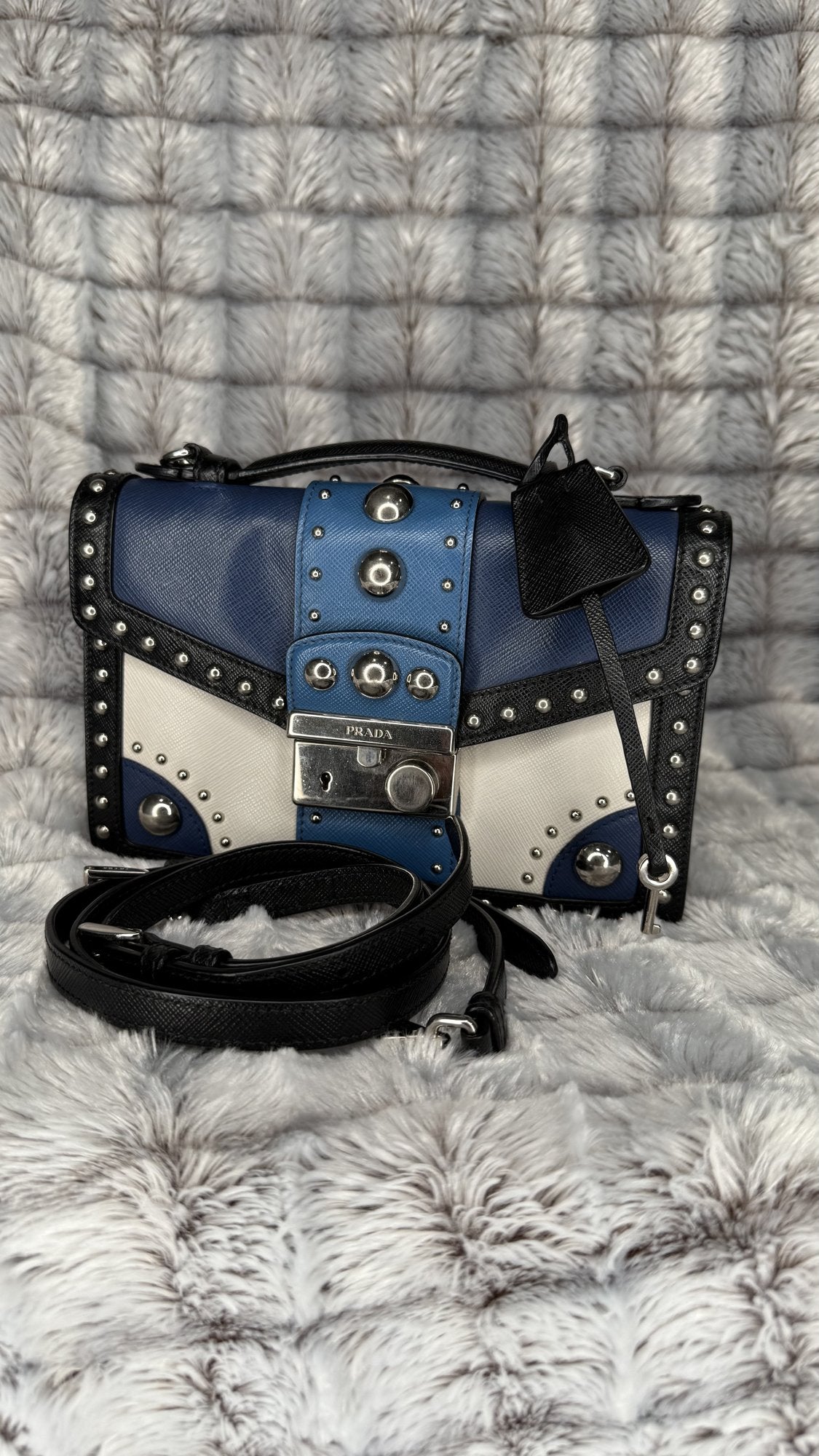 Prada Black/Blue Saffiano Leather Studded