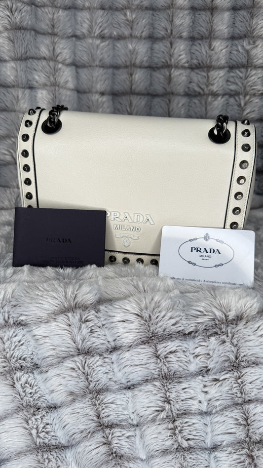 Prada Glace Calf Studded Crossbody Bag – White