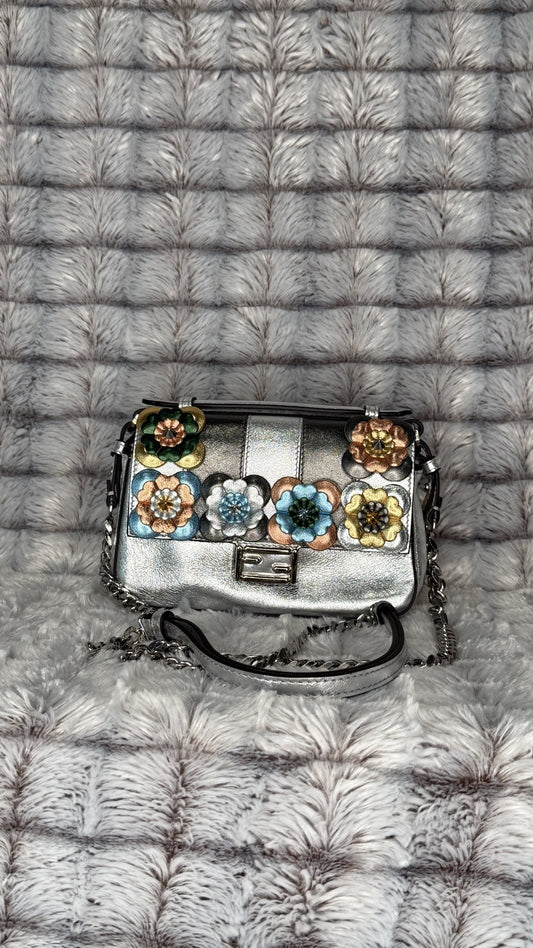 Fendi Silver Leather Mini Bag with Floral Appliqué