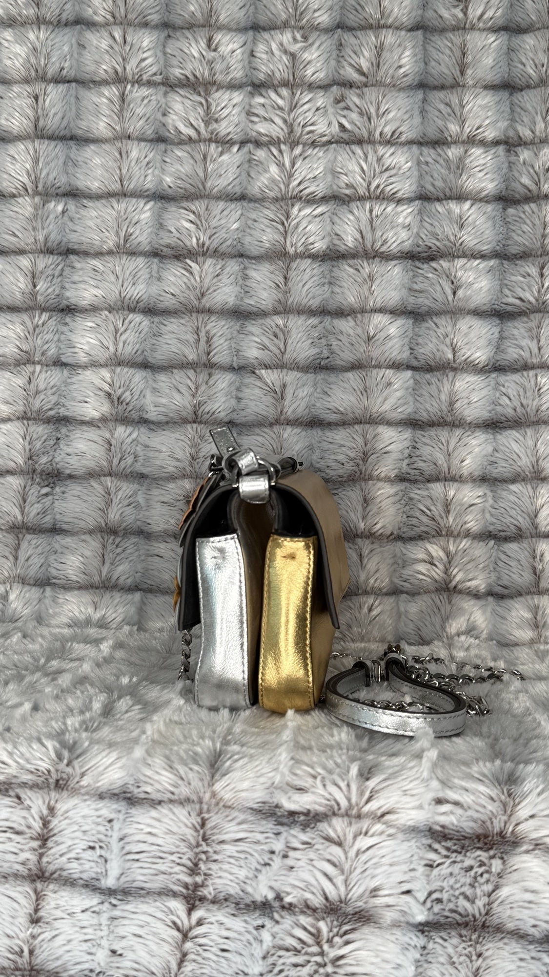 Fendi Silver Leather Mini Bag with Floral Appliqué