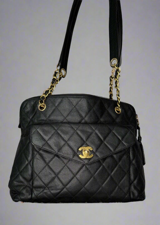 Chanel Caviar CC Quilted Front Pocket Bag - Black