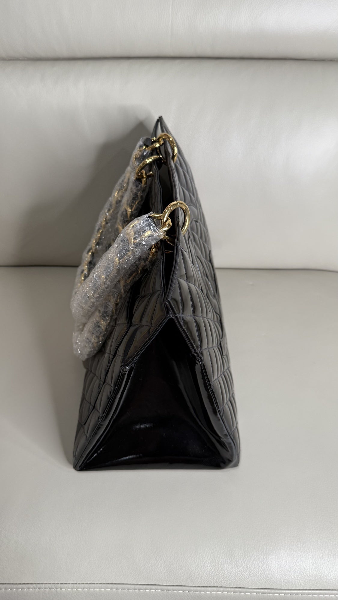 Chanel Medallion Diamond-Quilted Patent Shopping Tote