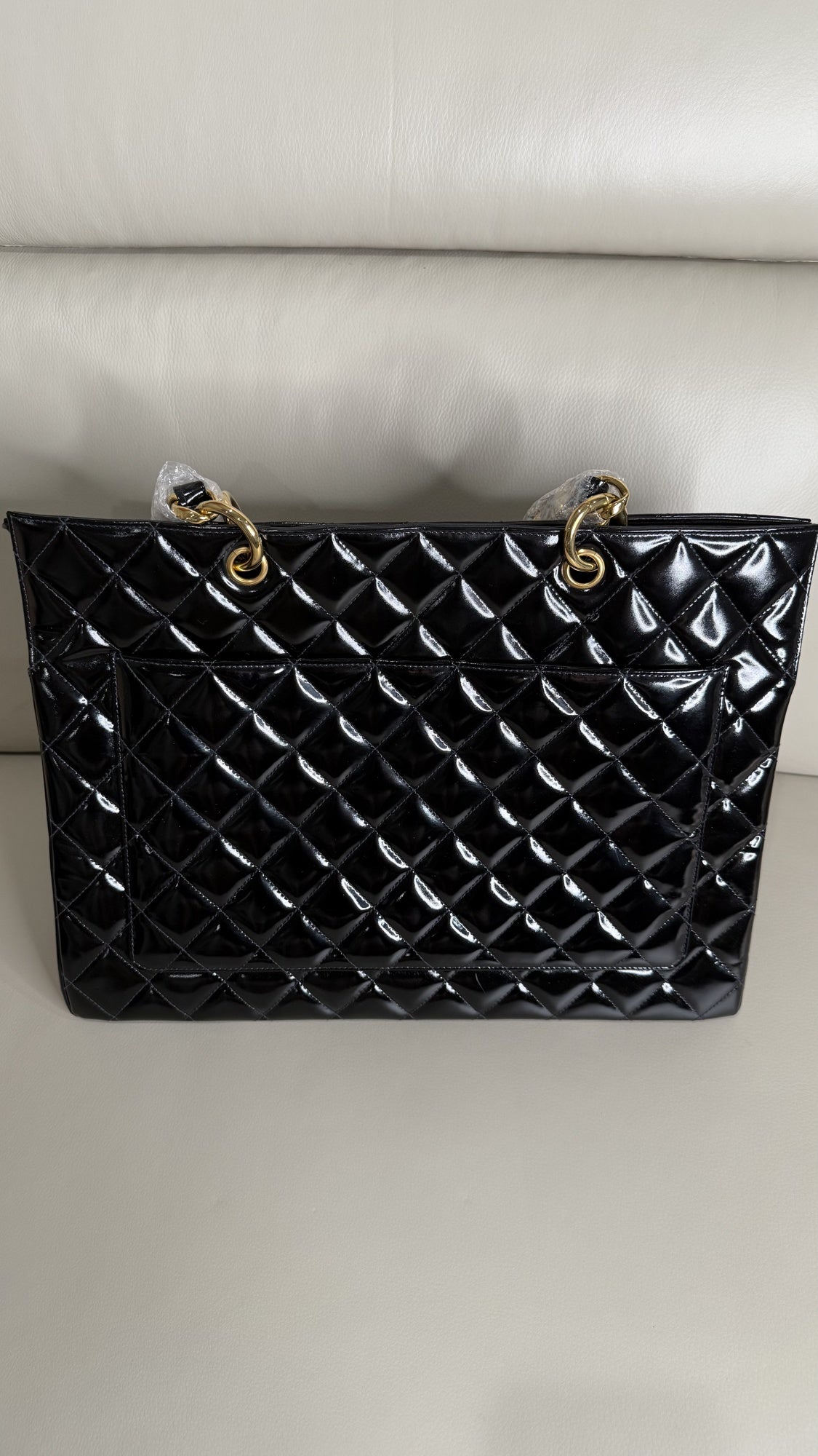 Chanel Medallion Diamond-Quilted Patent Shopping Tote