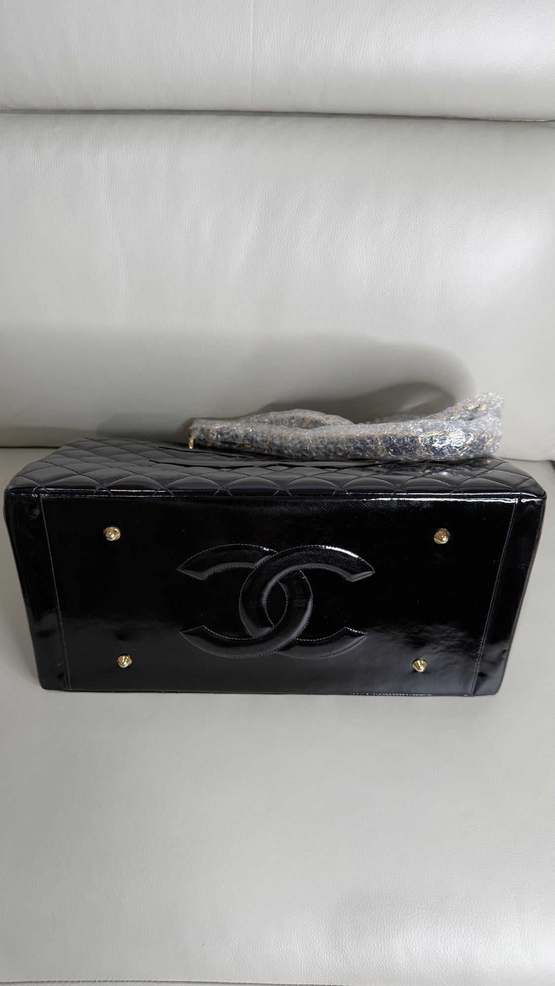 Chanel Medallion Diamond-Quilted Patent Shopping Tote