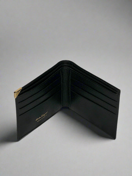 Salvatore Ferragamo Men's Black Leather Wallet with Gold Corner Detail