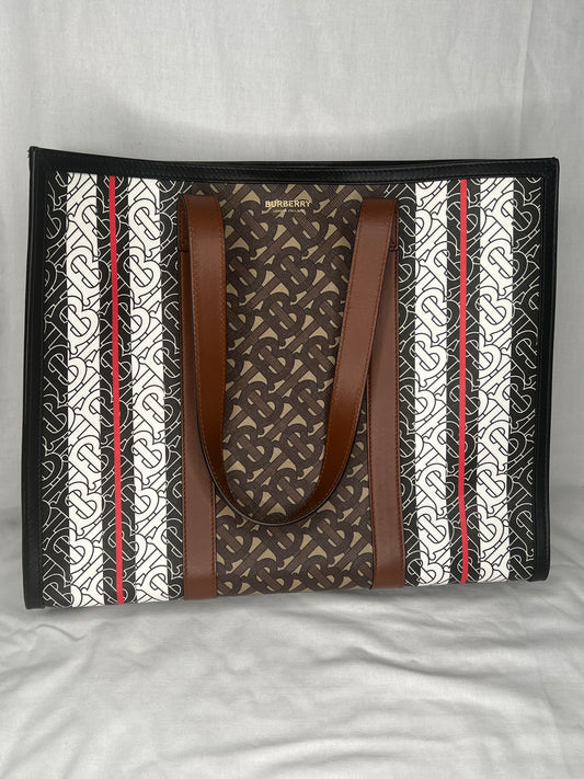 Burberry Monogram Stripe E-Canvas Portrait Tote Bag