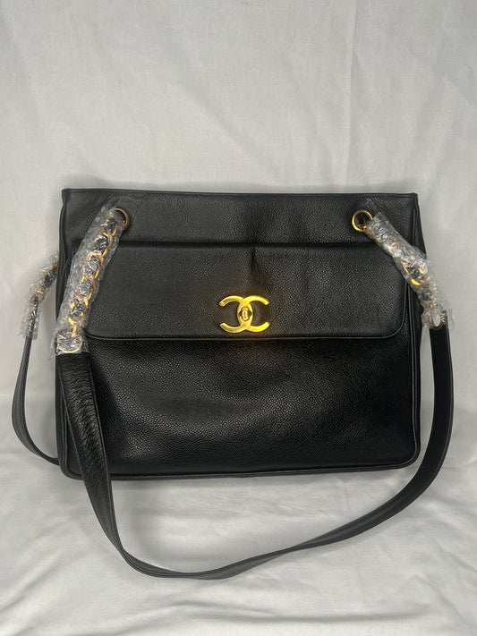 Chanel Vintage Caviar Leather Shoulder Bag with Gold CC Logo