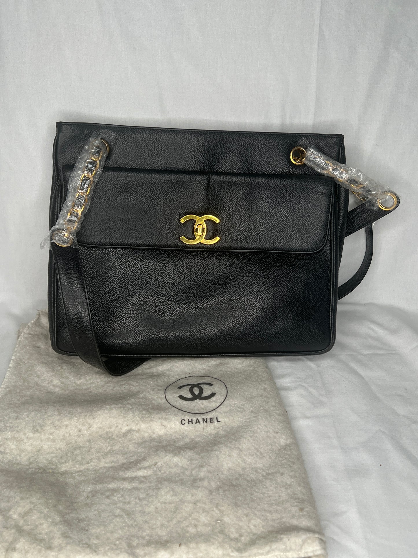 Chanel Vintage Caviar Leather Shoulder Bag with Gold CC Logo