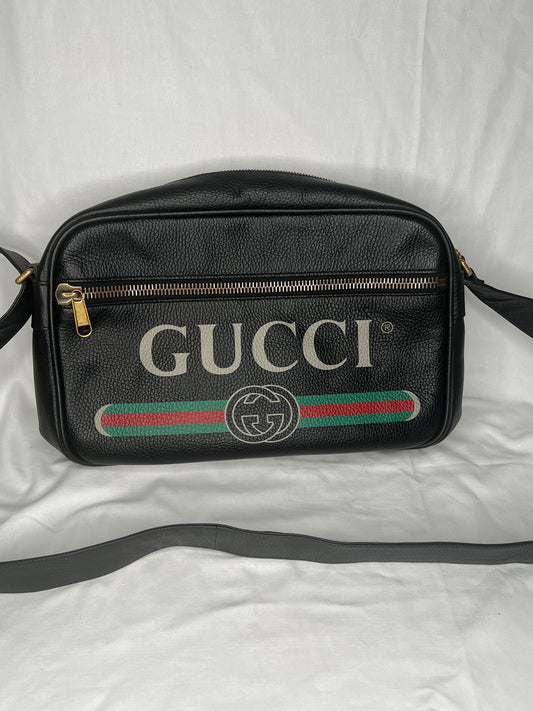 Gucci Black Leather Logo Messenger Bag