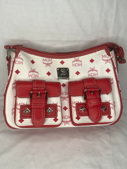 MCM Visetos White and Red Shoulder Bag with Front Buckle Pockets