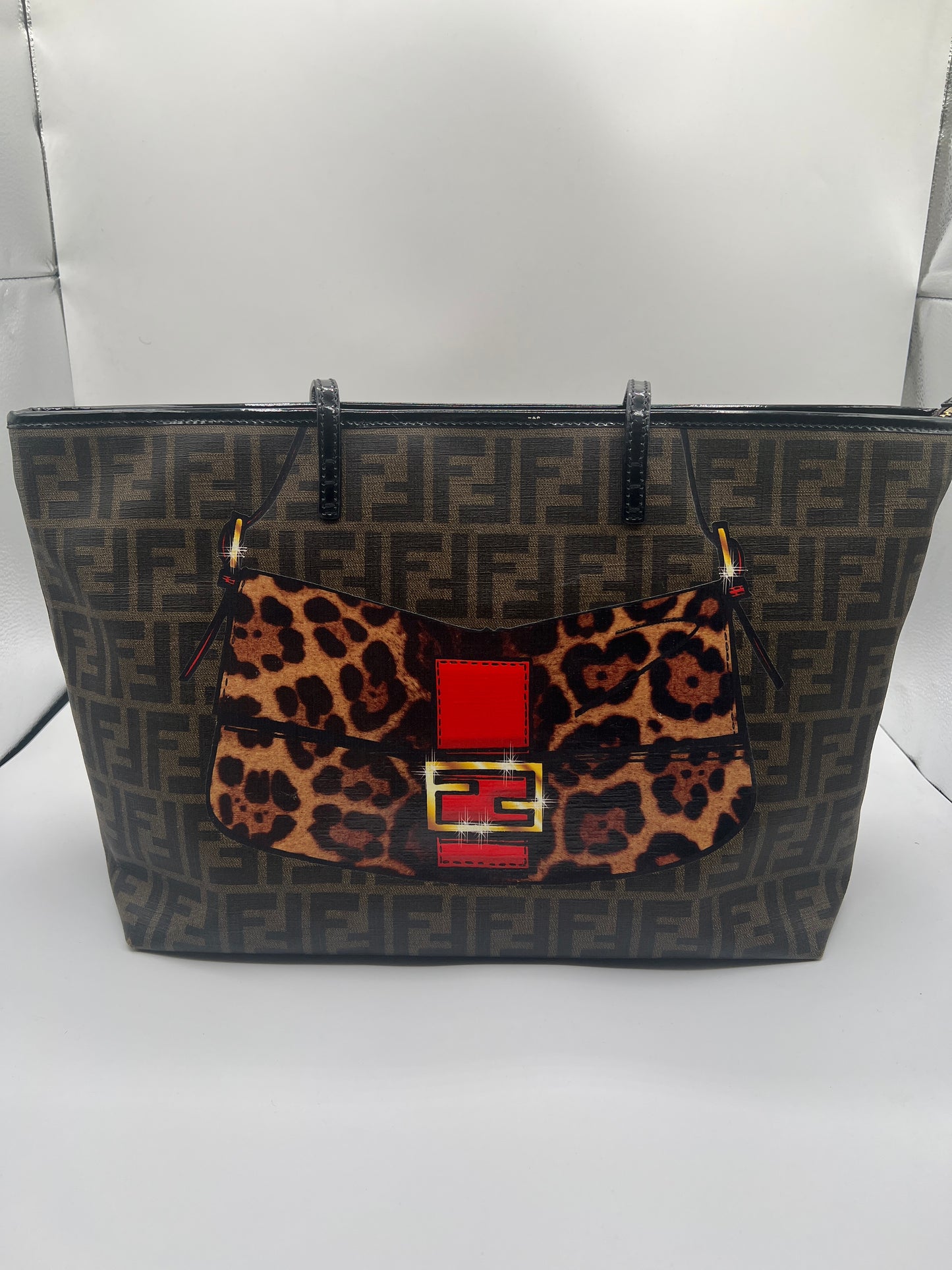 Fendi Zucca Spalmati Roll Tote with Leopard Mini Baguette Accent