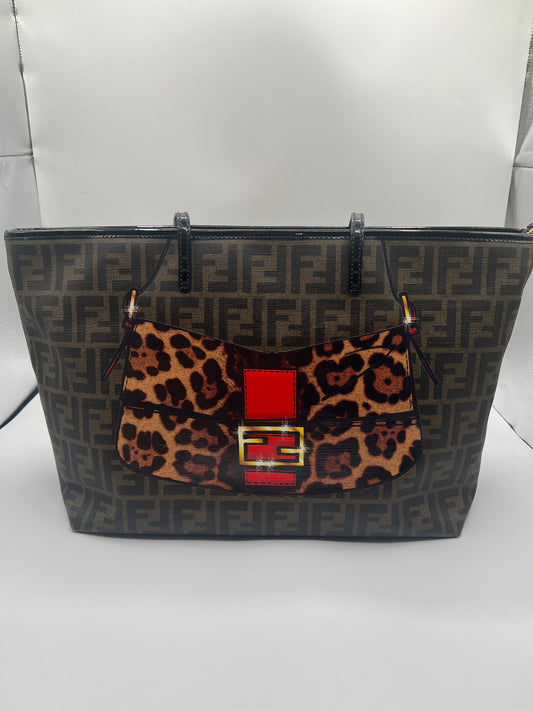 Fendi Zucca Spalmati Roll Tote with Leopard Mini Baguette Accent