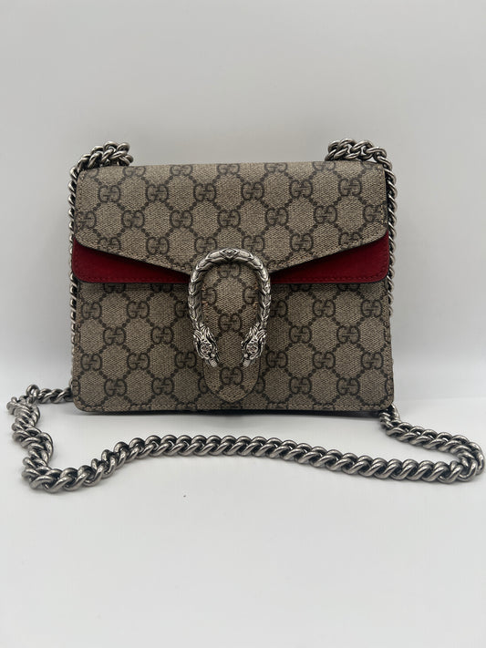 Gucci Dionysus Small GG Supreme Shoulder Bag – Red Suede Accent
