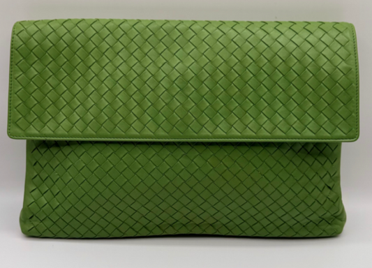 Bottega Veneta Intrecciato Green Leather Flap Clutch