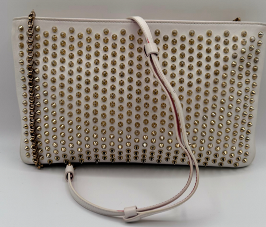 Christian Louboutin Paloma Clutch Bag – White with Gold Spikes