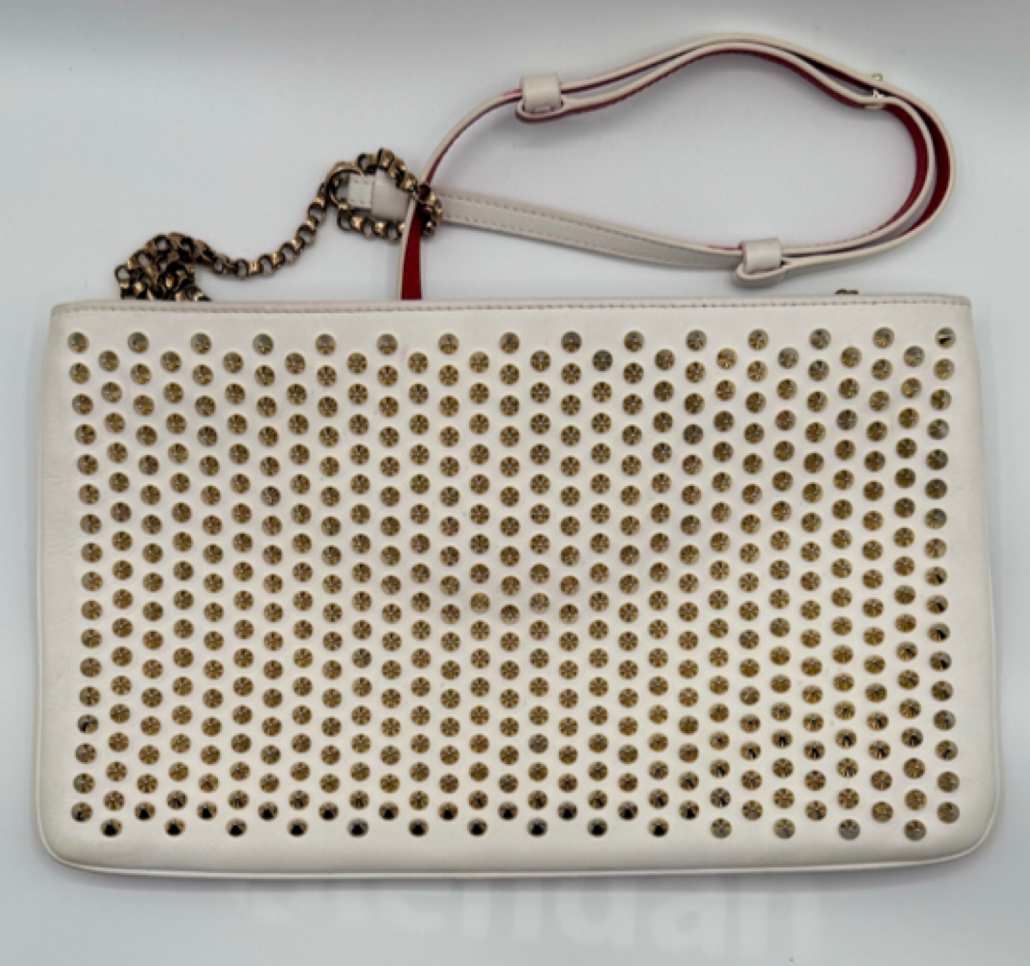 Christian Louboutin Paloma Clutch Bag – White with Gold Spikes
