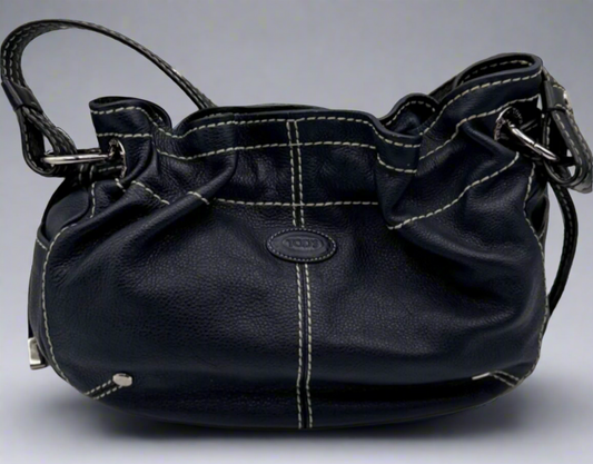 Tod's Black Leather Shoulder Bag with Contrast Stitching
