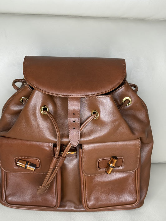 Gucci Brown Leather Bamboo Backpack