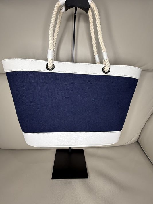 Burberry Navy Canvas & Leather Trim Tote Bag