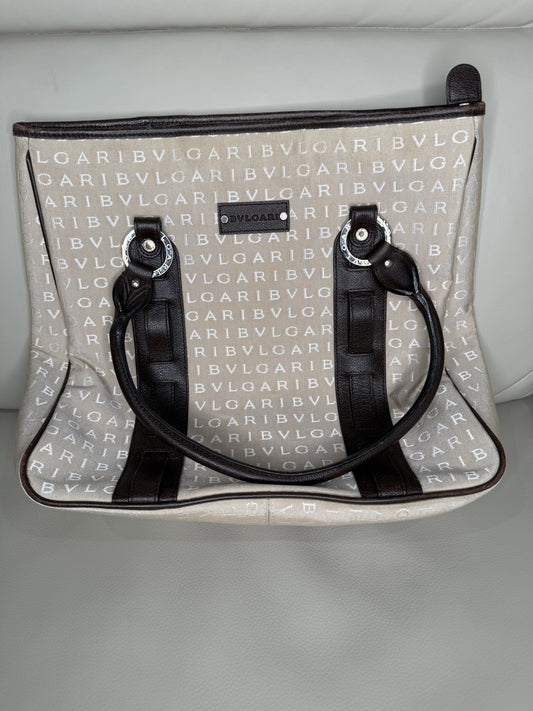 Bvlgari Canvas Monogram Tote Bag with Leather Trim – Beige & Brown