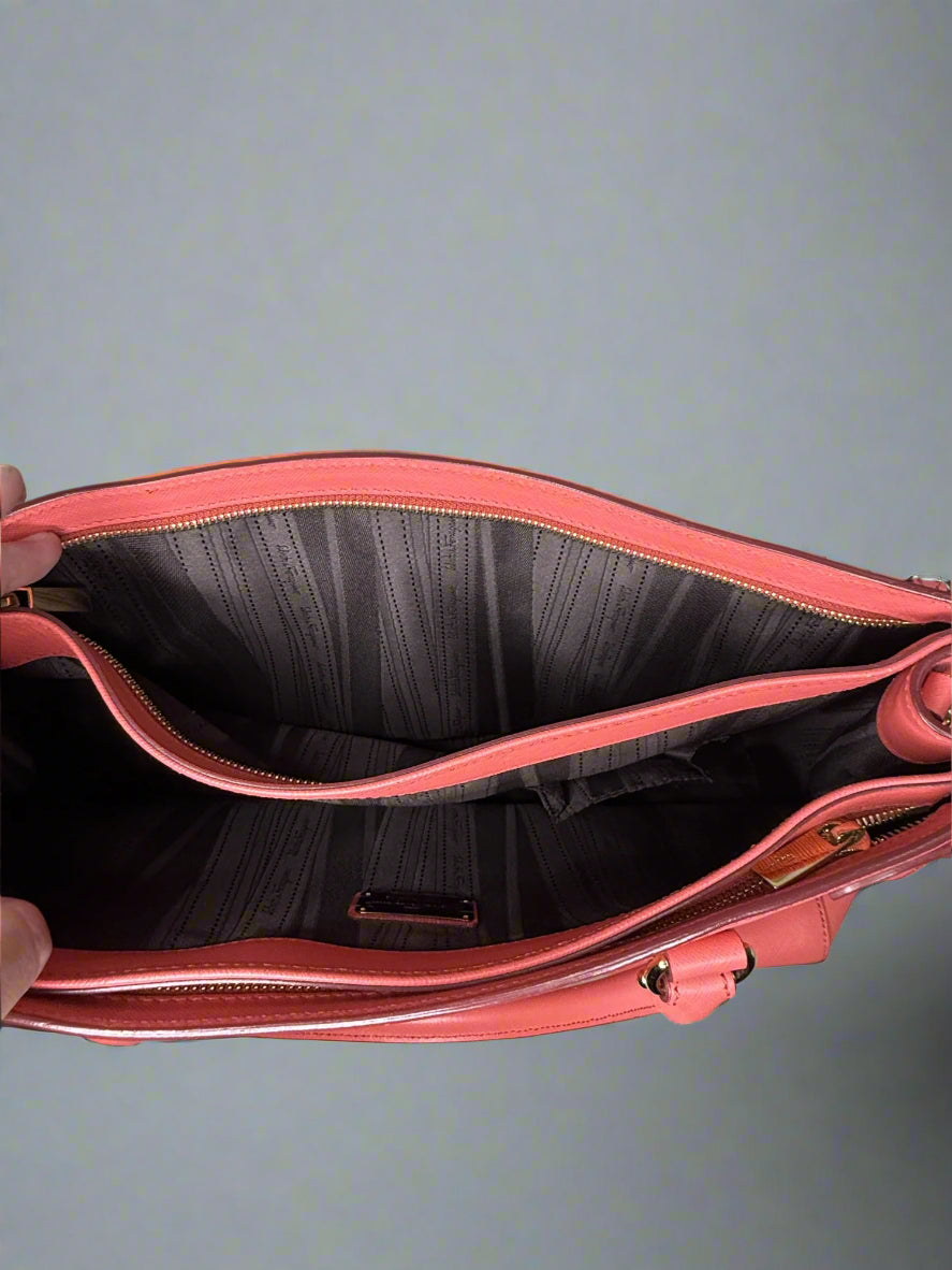 Salvatore Ferragamo Gancini Saffiano Leather Tote in Coral Pink