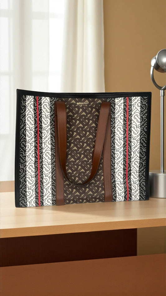 Burberry Monogram Stripe E-Canvas Portrait Tote Bag