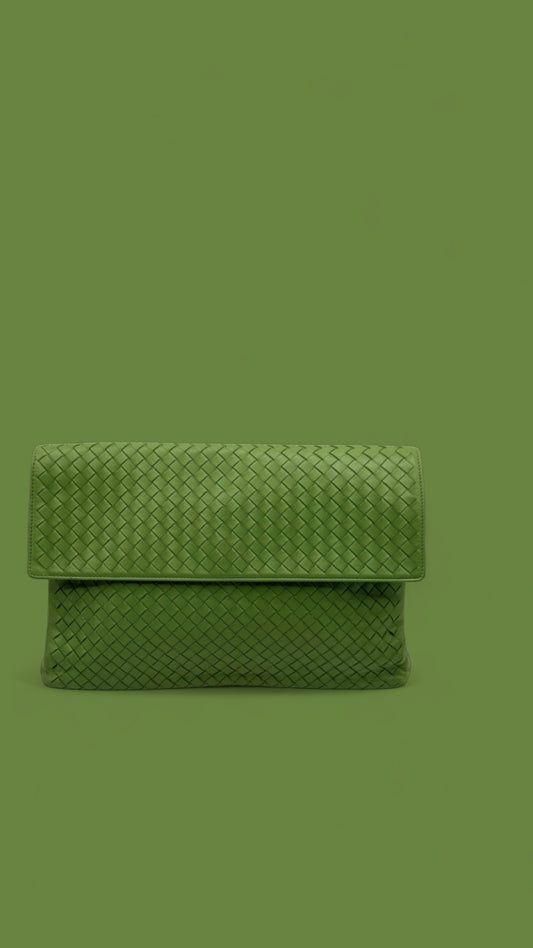 Bottega Veneta Intrecciato Green Leather Flap Clutch