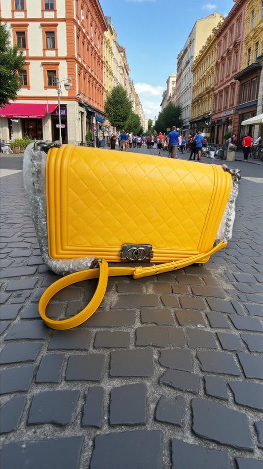 Chanel Boy Bag Yellow Lambskin with Silver Hardware