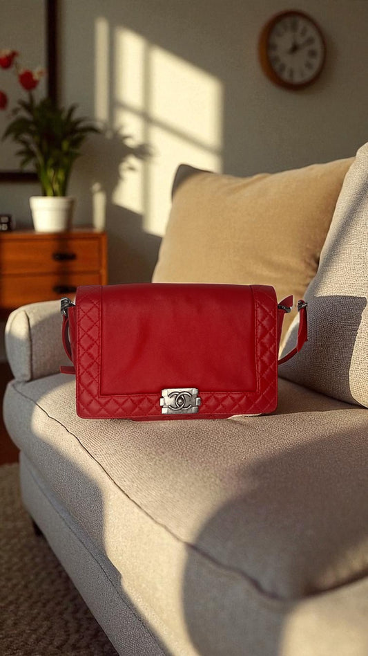 Chanel Boy Medium Lambskin Boy Reverso Flap Bag in Red